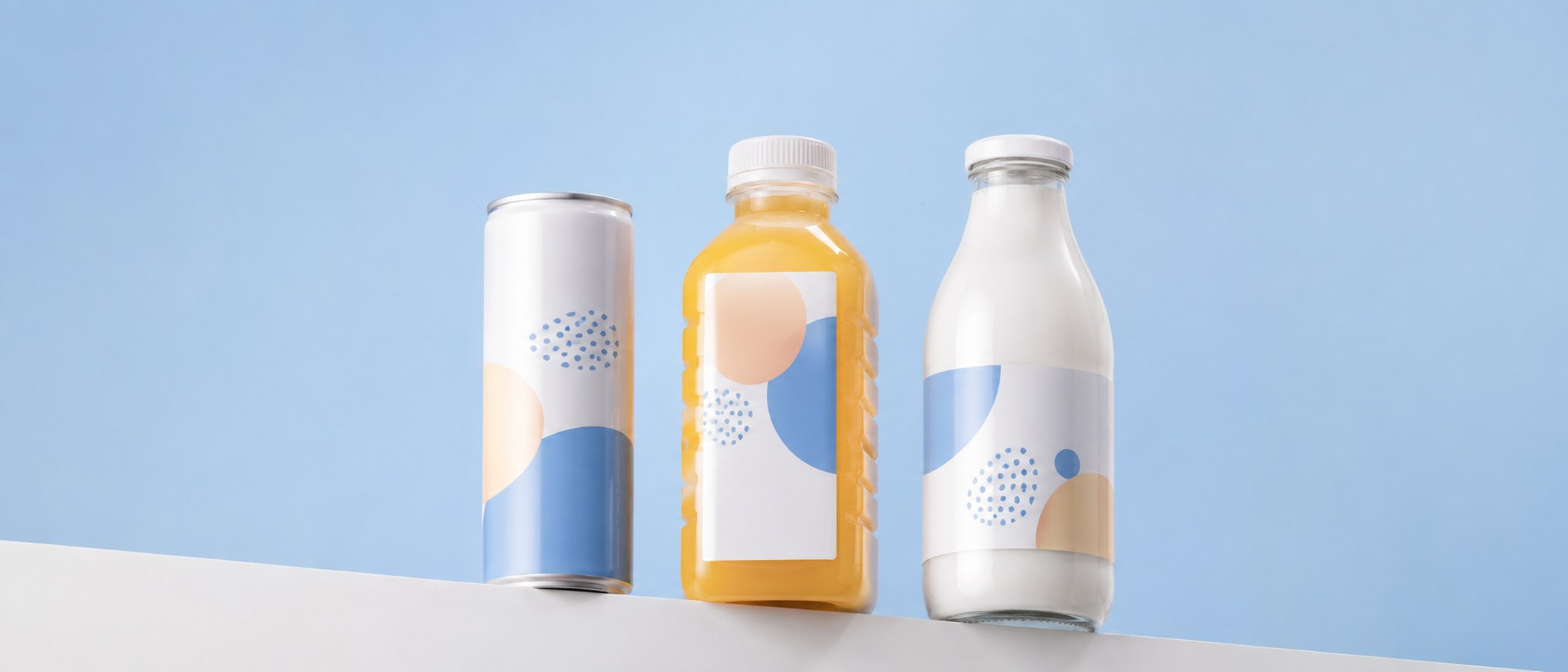 Aluminium blik, PET-fles en glazen melkfles naast elkaar